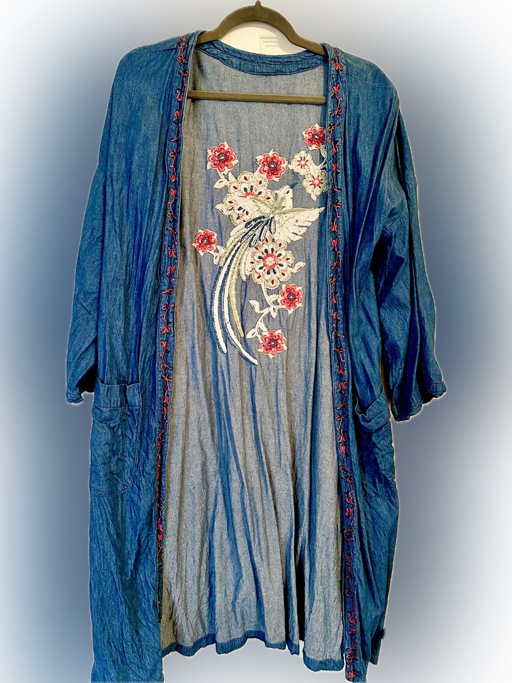 Custom Embroidered Blue Denim Kimono Duster
